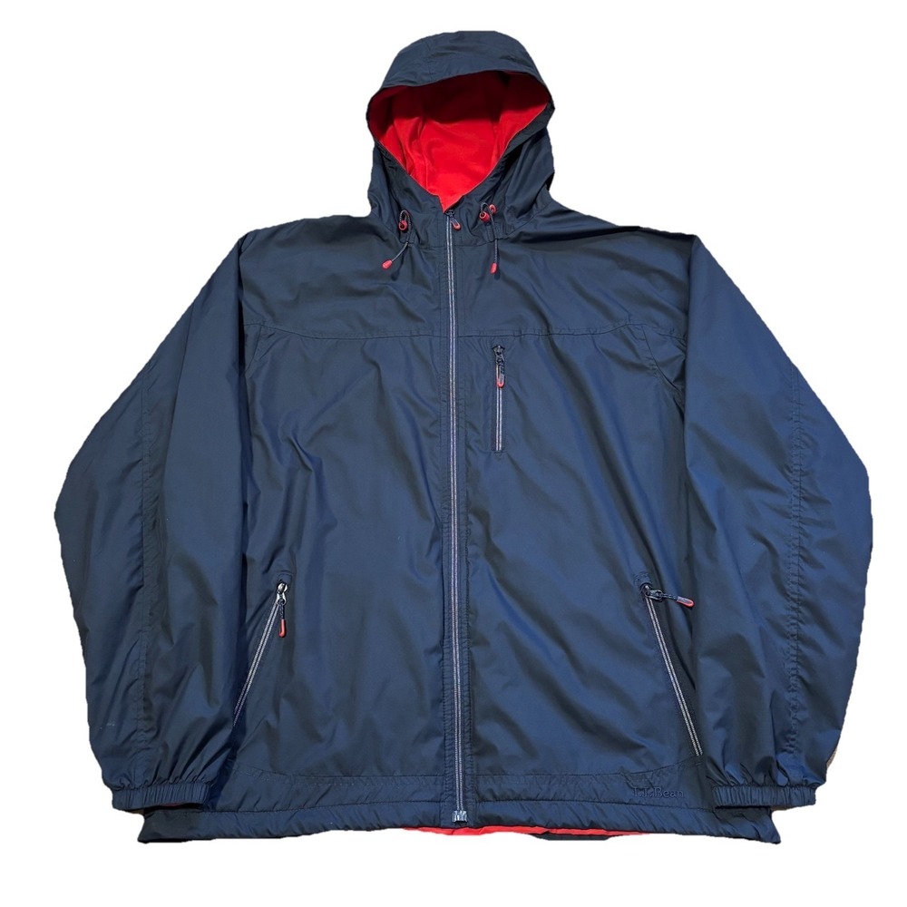 Vintage LL Bean Mens Large Hooded Windbreaker Jacket Nylon Zip Pockets Red Navy